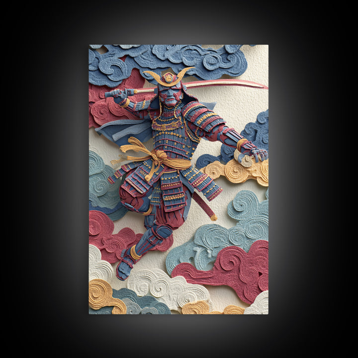 Blue Red Samurai Warrior With Katana Framed Canvas Print, Japanese Wall Art For Martial Arts Decor And Masculine Office Decor