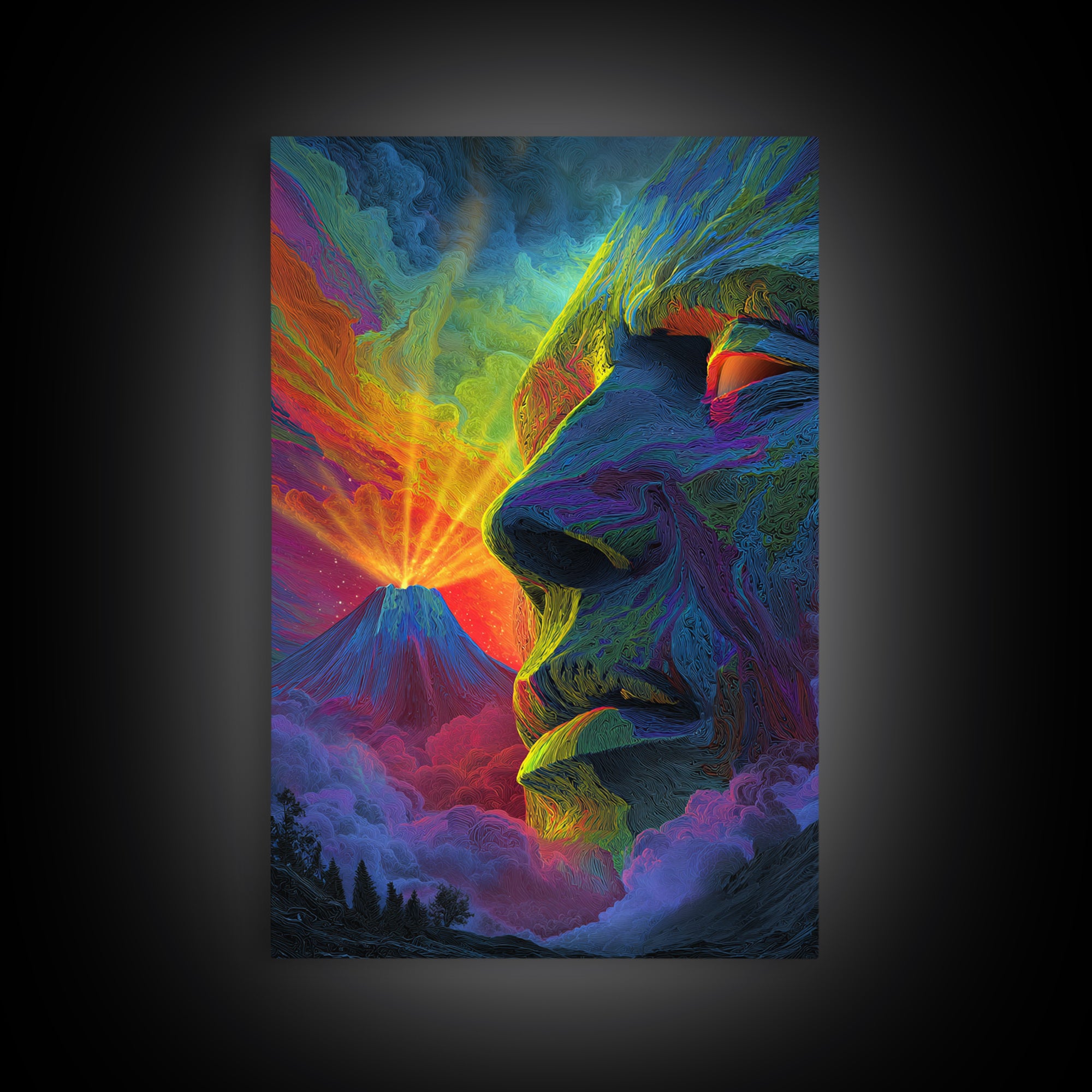 Volcanic Stone Face Dreamscape Wall Art, Surreal Mountain Landscape Print, Psychedelic Fantasy Decor, Statement Poster Gift