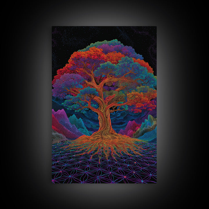 Vibrant Psychedelic Rainbow Tree With Abstract Roots Wall Art Canvas Print For Living Room And Boho Home Decor