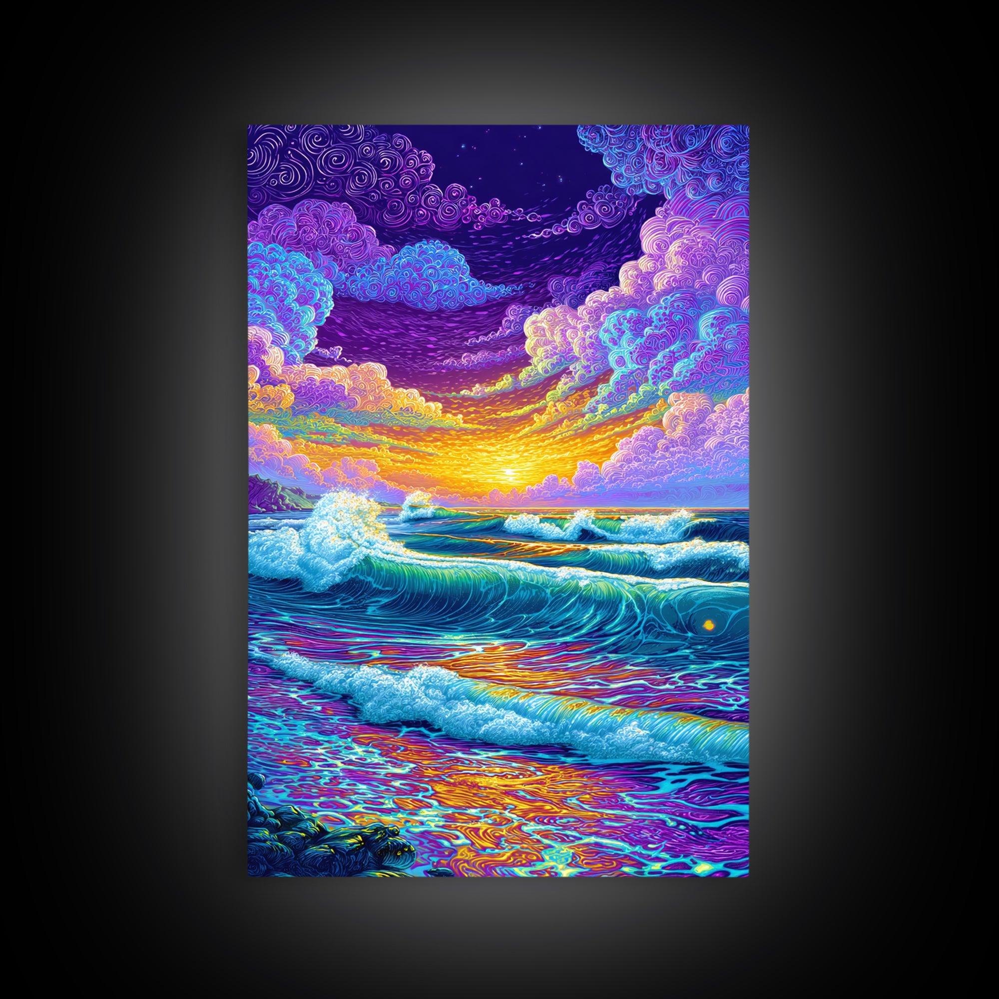 Colorful Ocean Waves Sunset Abstract Seascape Wall Art Canvas Print Bright Relaxing Living Room Decor Modern Coastal Art