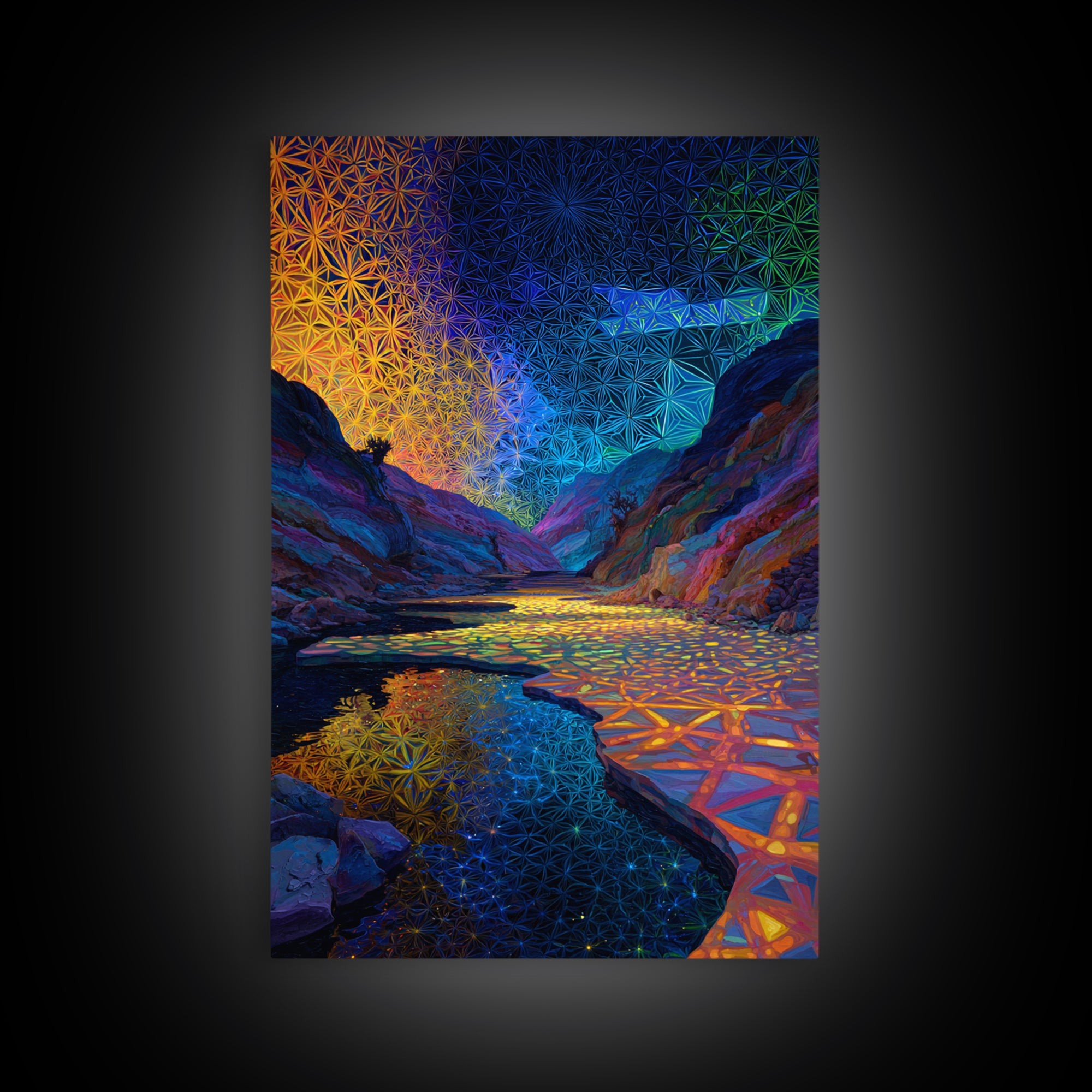 Sacred Geometry Canyon River Wall Art, Flower Of Life Landscape Print, Psychedelic Nature Decor, Meditation Room Wall Art