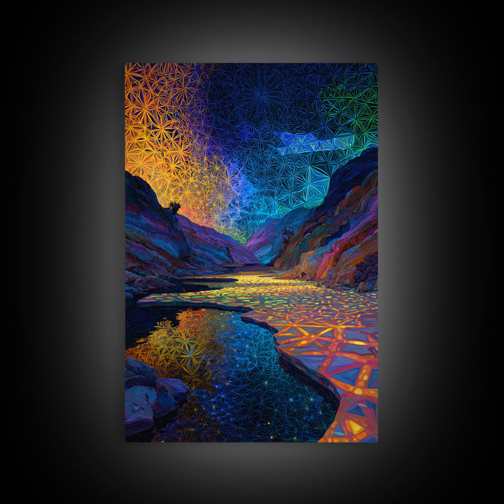 Sacred Geometry Canyon River Wall Art, Flower Of Life Landscape Print, Psychedelic Nature Decor, Meditation Room Wall Art