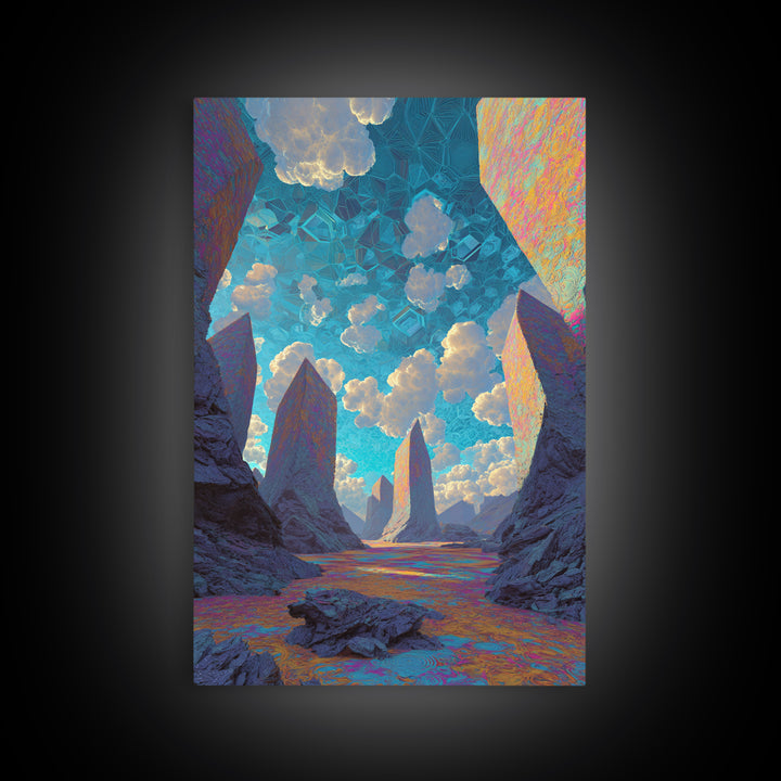 Surreal Crystal Canyon With Floating Clouds Framed Canvas Print, Futuristic Landscape Wall Art, Sci Fi Home Decor, Office Decor