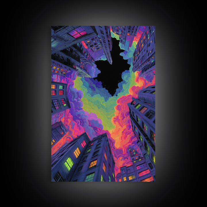 Neon City Skyscrapers Under Rainbow Clouds Wall Art, Urban Pop Art Print, Cyberpunk Decor, Modern Maximalist Living Room Wall Art