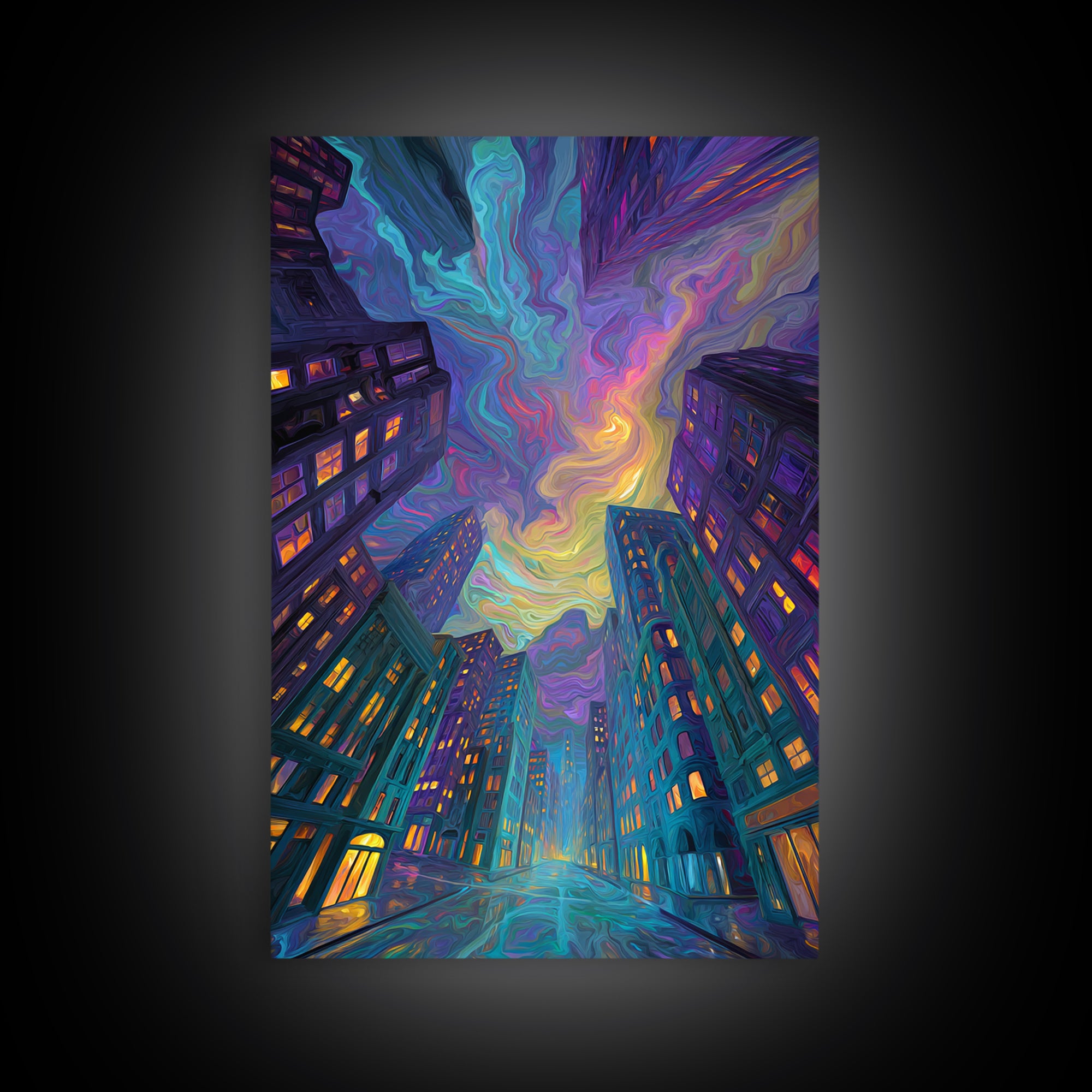 Swirling Neon City Skyline Framed Canvas Print, Psychedelic Urban Wall Art, Modern Apartment Decor, Colorful Living Room Gift
