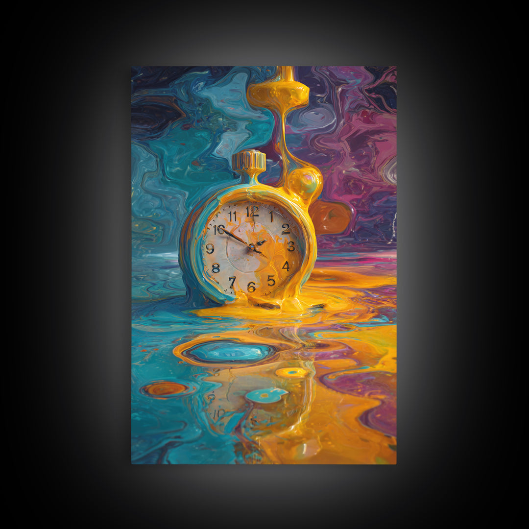 Melting Golden Alarm Clock Canvas Print, Surreal Wall Art, Colorful Abstract Painting, Whimsical Office Decor, Unique Gift