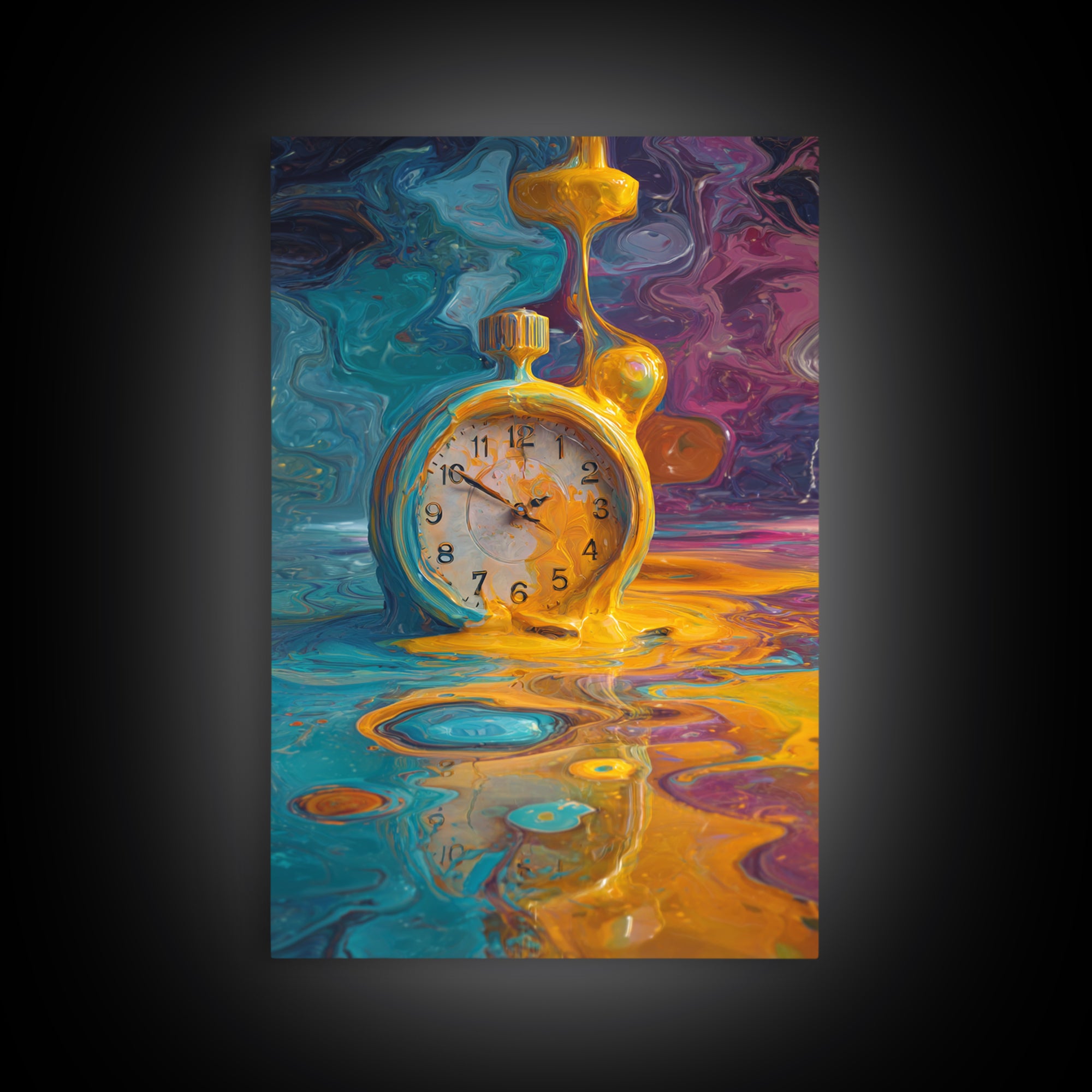 Melting Golden Alarm Clock Canvas Print, Surreal Wall Art, Colorful Abstract Painting, Whimsical Office Decor, Unique Gift