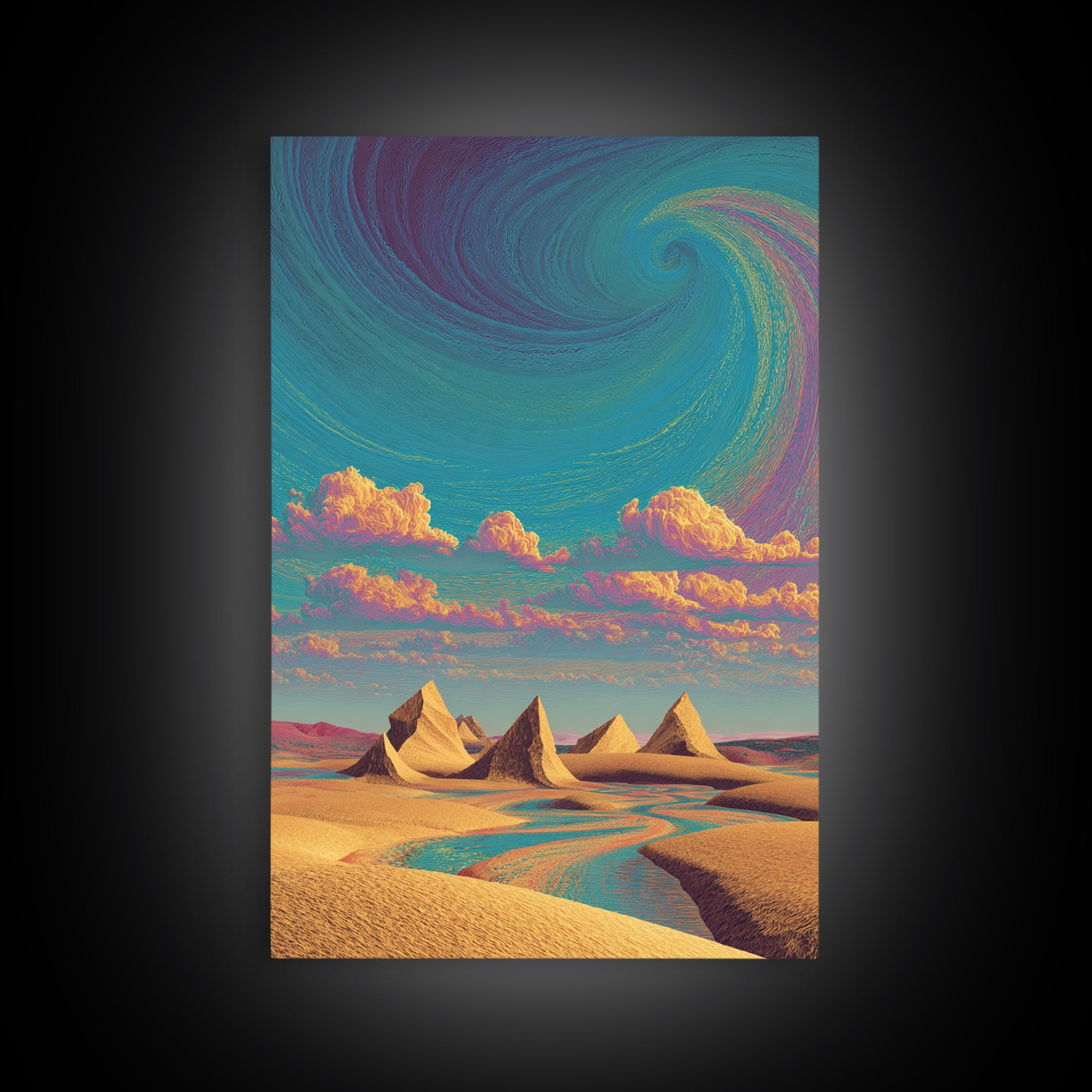 Surreal Desert Landscape With Pyramids And Swirling Sky Wall Art Modern Contemporary Canvas Print For Home Decor
