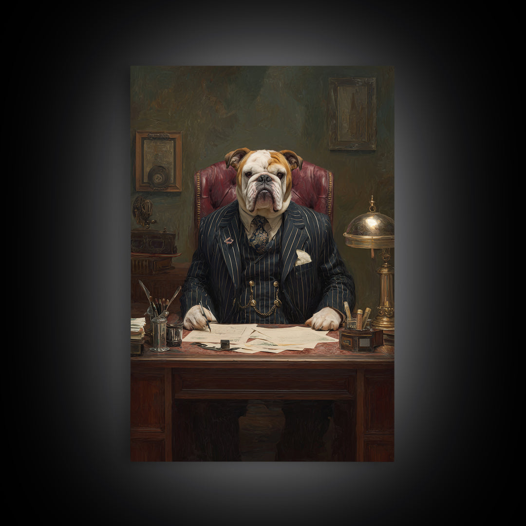 Bulldog Lawyer At Antique Desk Framed Canvas Print, Funny Dog Wall Art For Law Office Decor, Gentleman Pet Portrait Gift