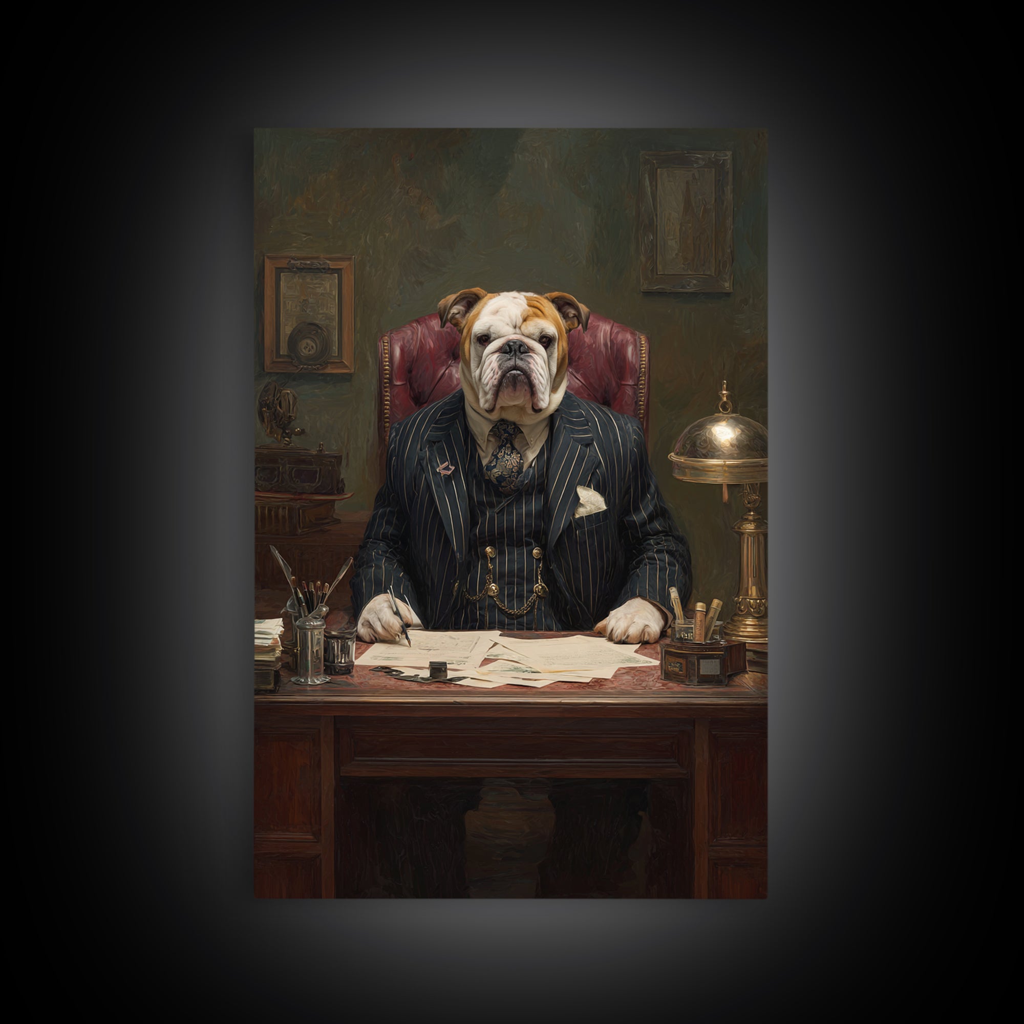 Bulldog Lawyer At Antique Desk Framed Canvas Print, Funny Dog Wall Art For Law Office Decor, Gentleman Pet Portrait Gift