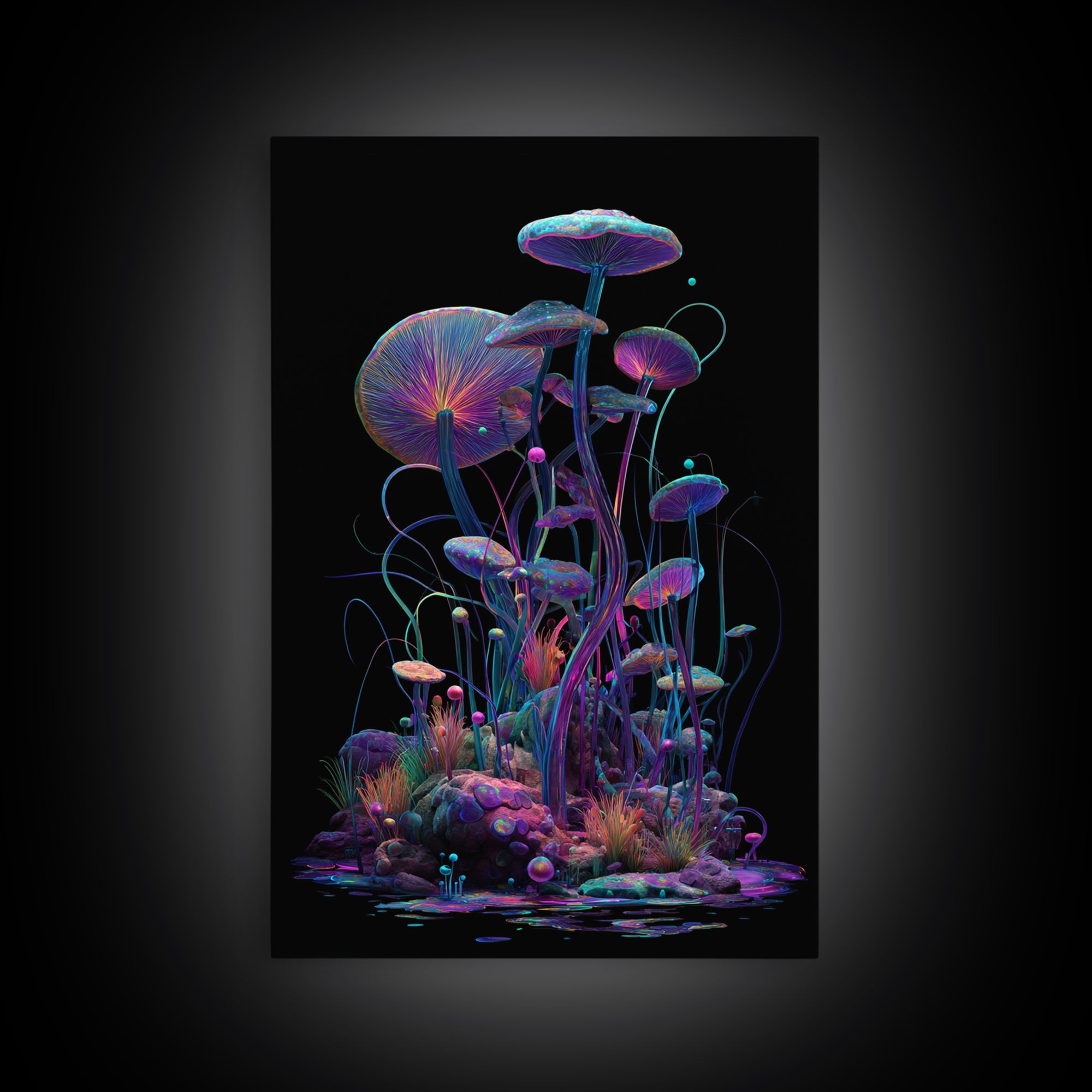 Bioluminescent Mushroom Garden On Black, Psychedelic Wall Art, Trippy Canvas Print, Gothic Decor, Unique Maximalist Gift
