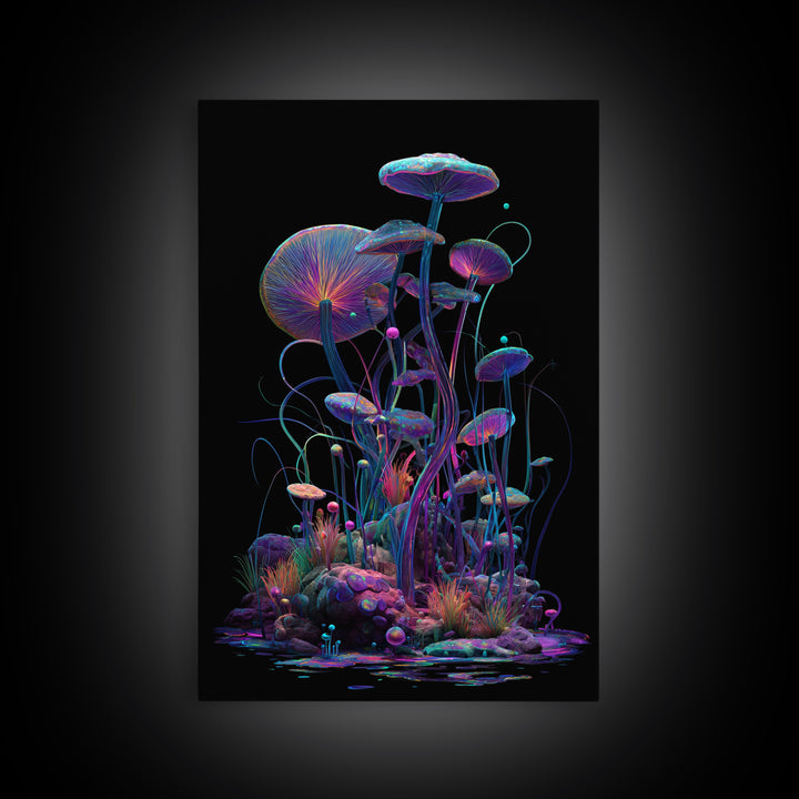 Bioluminescent Mushroom Garden On Black, Psychedelic Wall Art, Trippy Canvas Print, Gothic Decor, Unique Maximalist Gift