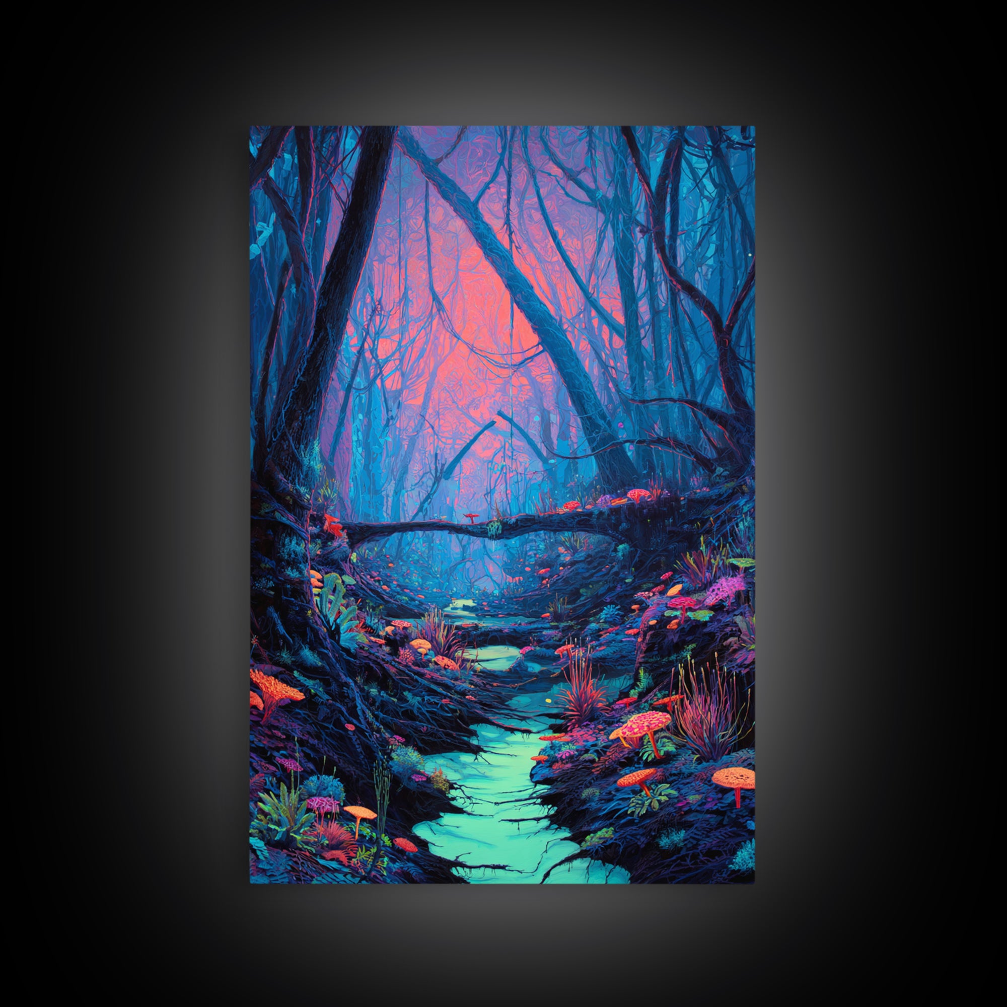 Enchanted Forest With Vibrant Colors And Glowing Mushrooms Fantasy Wall Art Print