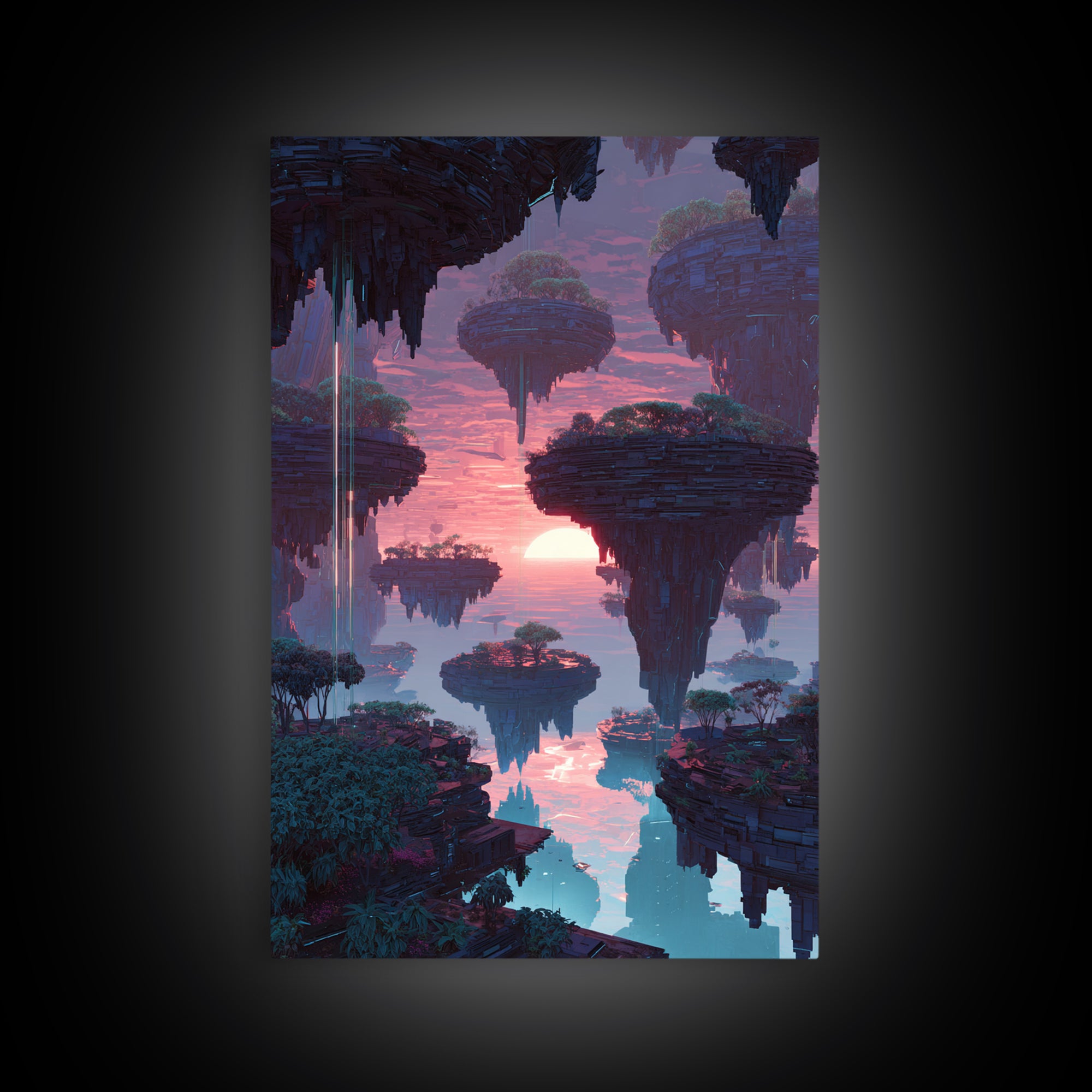 Futuristic Floating Islands With Lush Trees And Sunset Digital Fantasy Artwork Canvas Print Wall Art