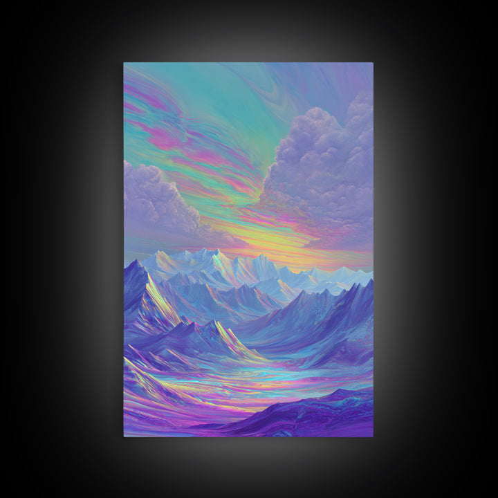Iridescent Pastel Mountain Landscape Wall Art, Dreamy Alpine Canvas Print, Serene Calming Nature Decor, Above Bed Gift For Her