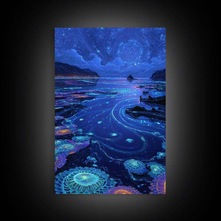 Bioluminescent Ocean Tide Pools Canvas Print, Blue Seascape Wall Art, Coastal Decor, Mystical Nature Art For Living Room