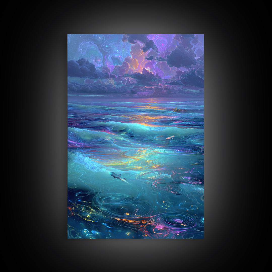 Fantasy Oceanic Scene With Sharks And Mystical Water Ripples Vibrant Colorful Wall Art Canvas Print