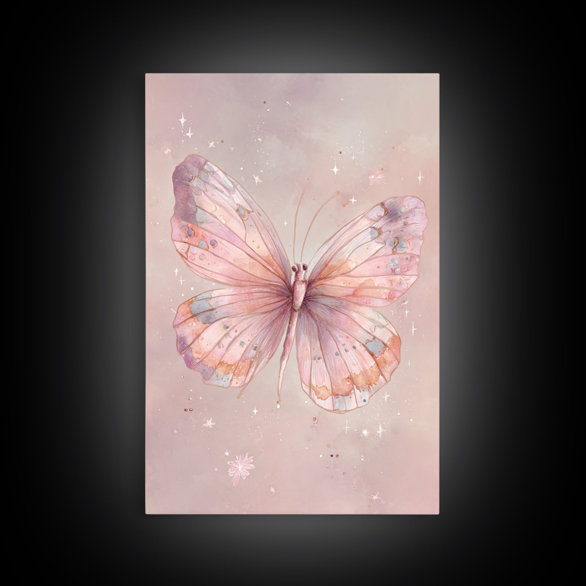 Pastel Pink Butterfly Watercolor Wall Art, Whimsical Butterfly Art Print, Nursery Decor, Feminine Bedroom Canvas Print Gift
