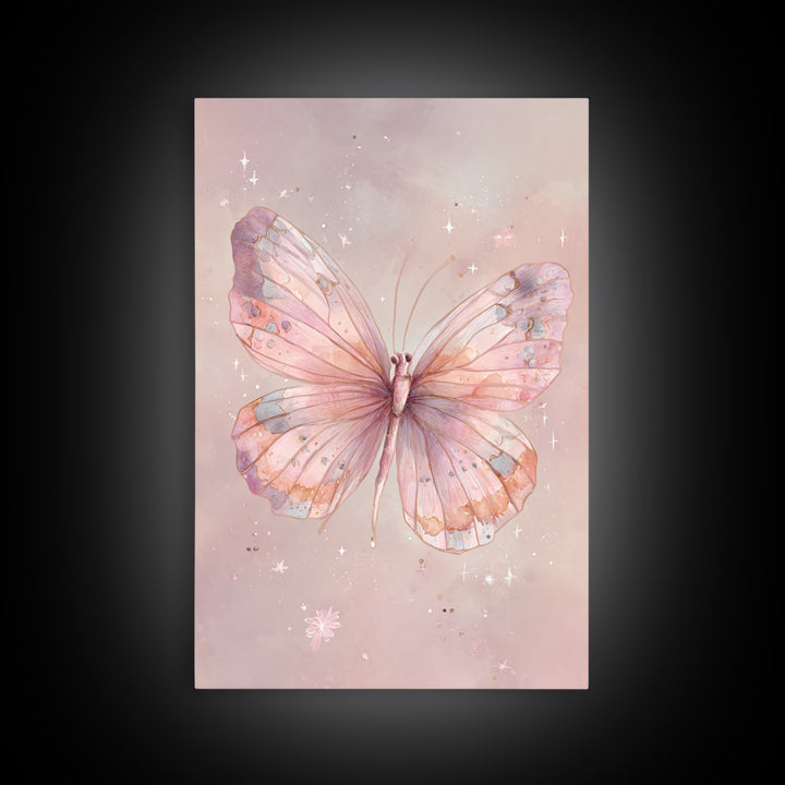 Pastel Pink Butterfly Watercolor Wall Art, Whimsical Butterfly Art Print, Nursery Decor, Feminine Bedroom Canvas Print Gift