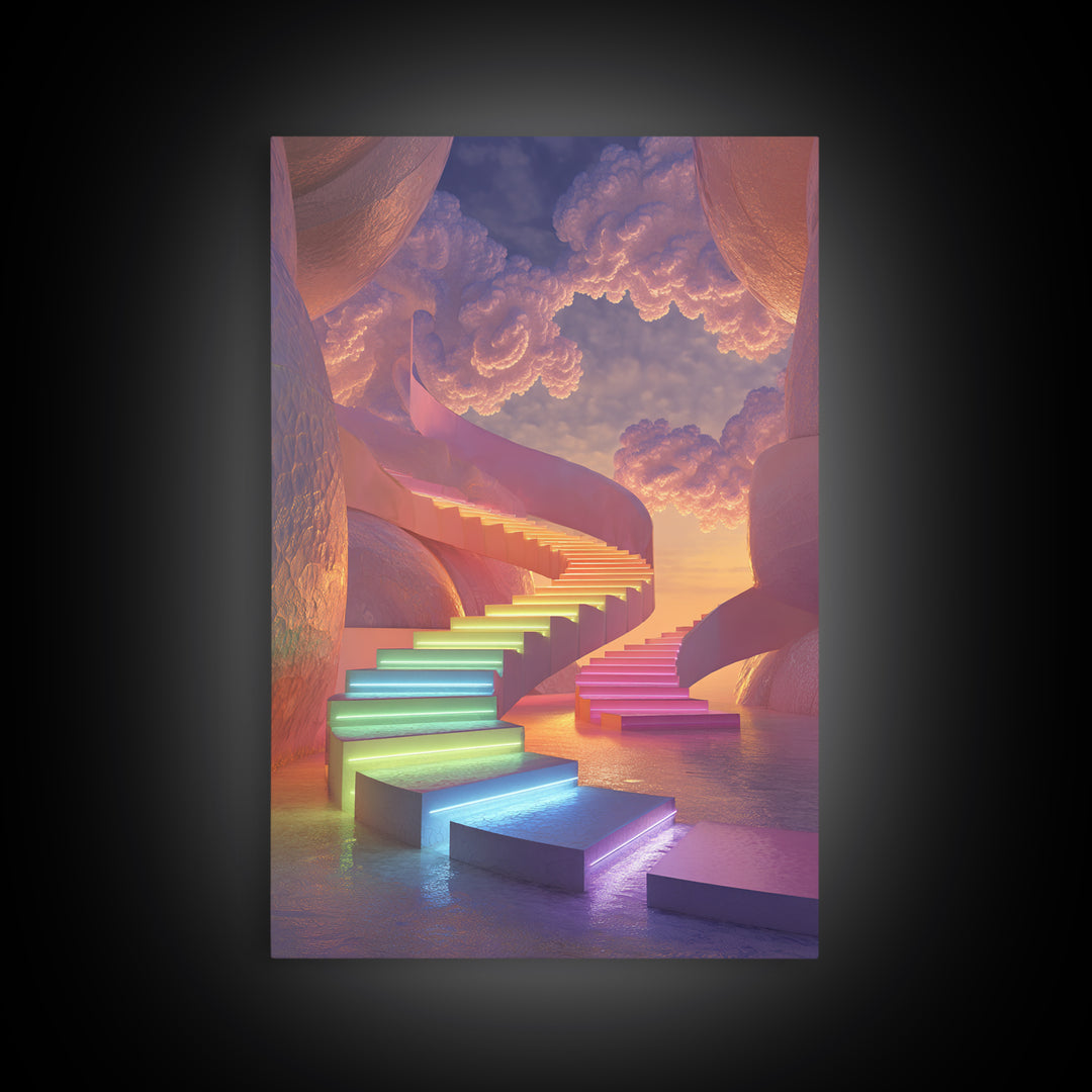 Dreamy Rainbow Stairway To Clouds Canvas Print, Surreal Pastel Fantasy Art, Celestial Wall Decor For Bedroom Home Decor Gift