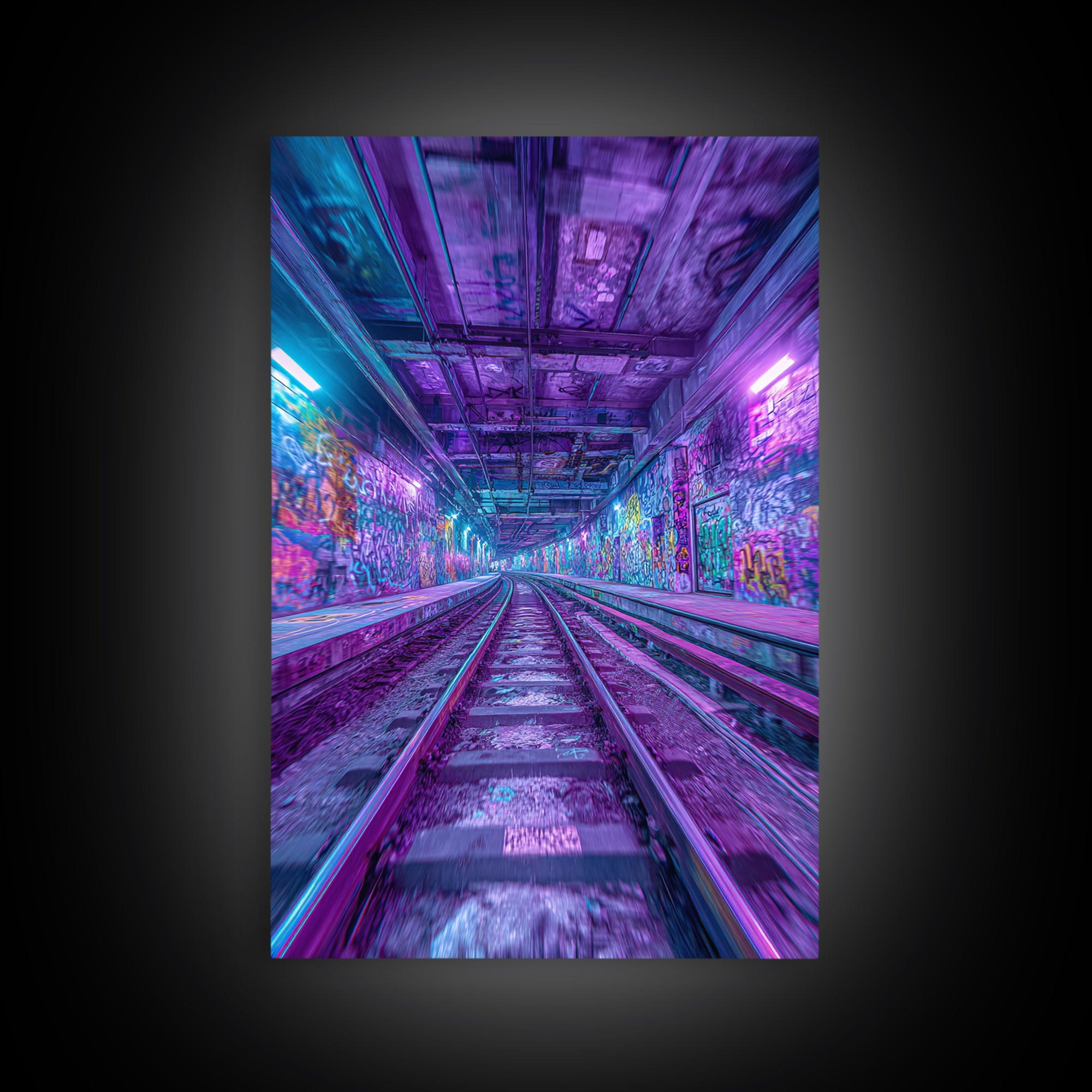 Neon Graffiti Subway Tunnel Wall Art, Cyberpunk City Canvas Print, Urban Street Decor, Apartment Gaming Room Gift For Him