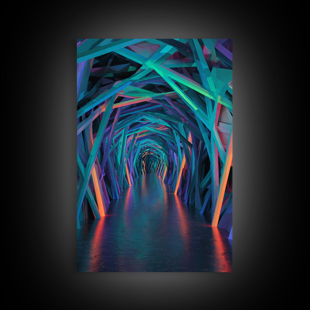 Neon Geometric Tunnel Wall Art, Futuristic Abstract Hallway Canvas, Cyberpunk Decor, Modern Office Statement Art Print Decor