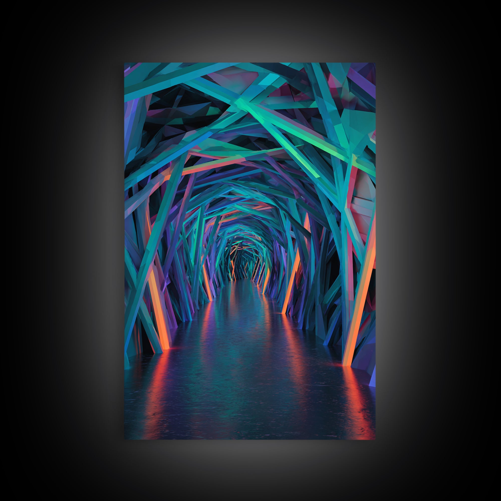 Neon Geometric Tunnel Wall Art, Futuristic Abstract Hallway Canvas, Cyberpunk Decor, Modern Office Statement Art Print Decor