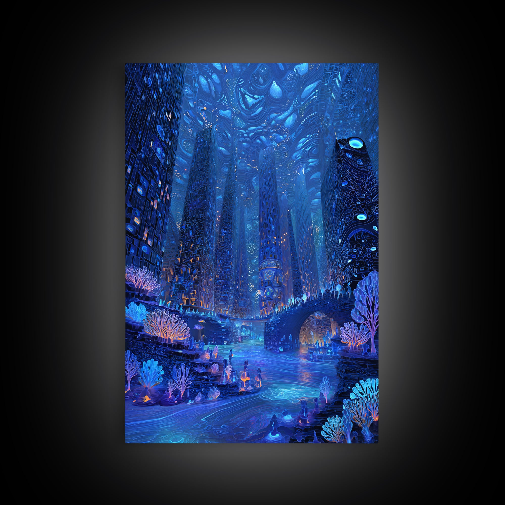 Bioluminescent Futuristic City Wall Art, Blue Sci Fi Metropolis Print, Cyberpunk Fantasy Decor, Large Canvas Poster Gift For Him