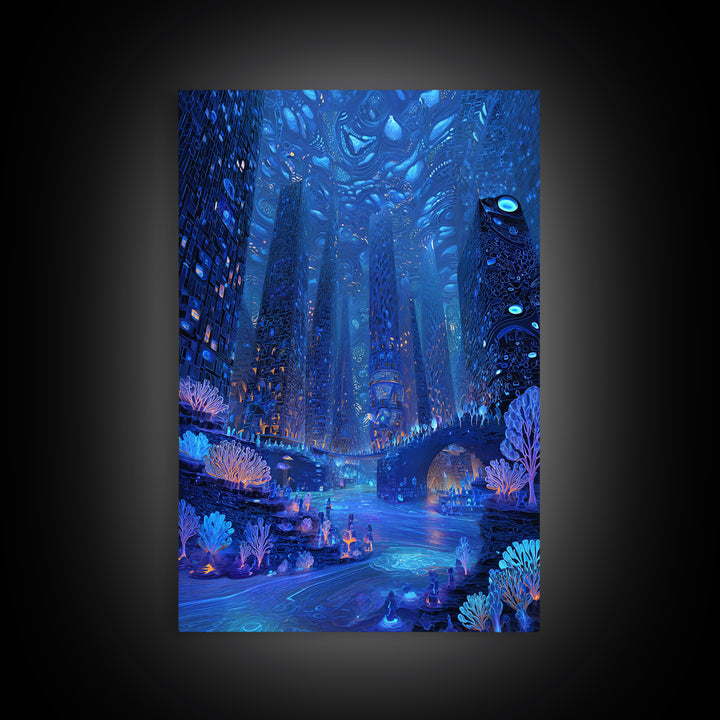 Bioluminescent Futuristic City Wall Art, Blue Sci Fi Metropolis Print, Cyberpunk Fantasy Decor, Large Canvas Poster Gift For Him