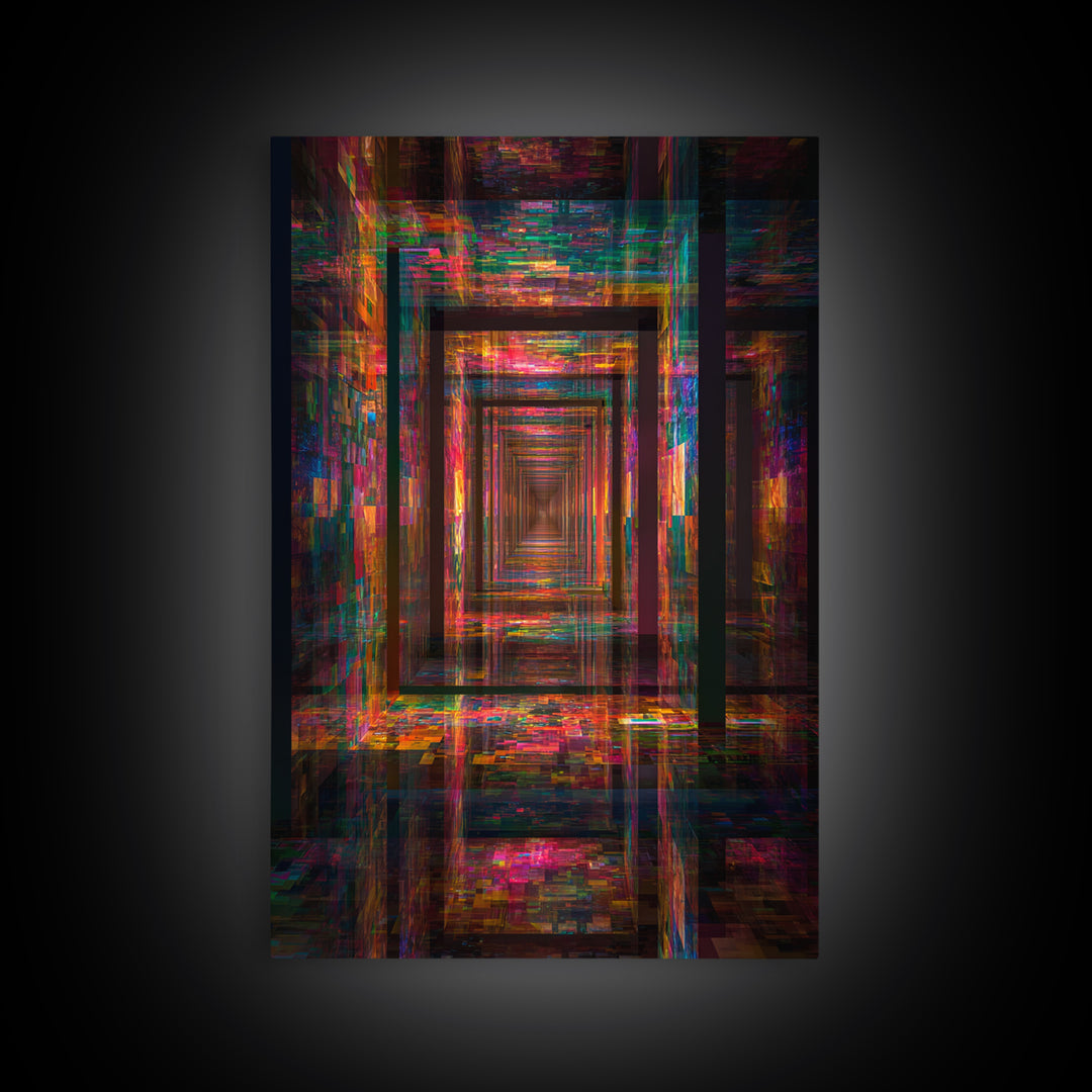 Neon Glitch Infinite Corridor, Cyberpunk Abstract Wall Art, Futuristic Canvas Print, Gaming Room Decor, Modern Office Art