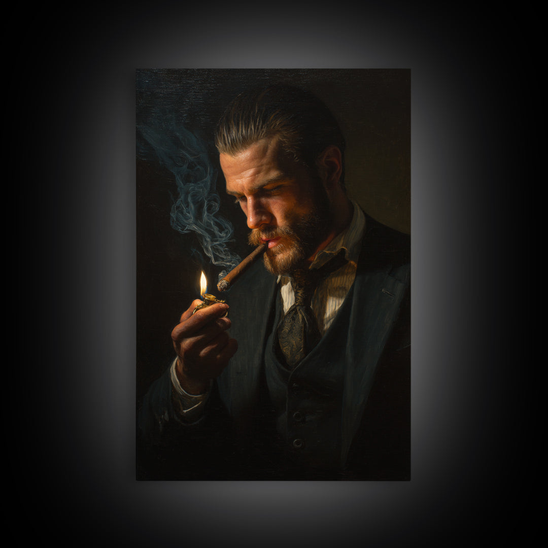 Moody Gentleman Lighting Cigar Framed Canvas Print, Dark Academia Portrait Oil Painting For Masculine Office And Man Cave Decor