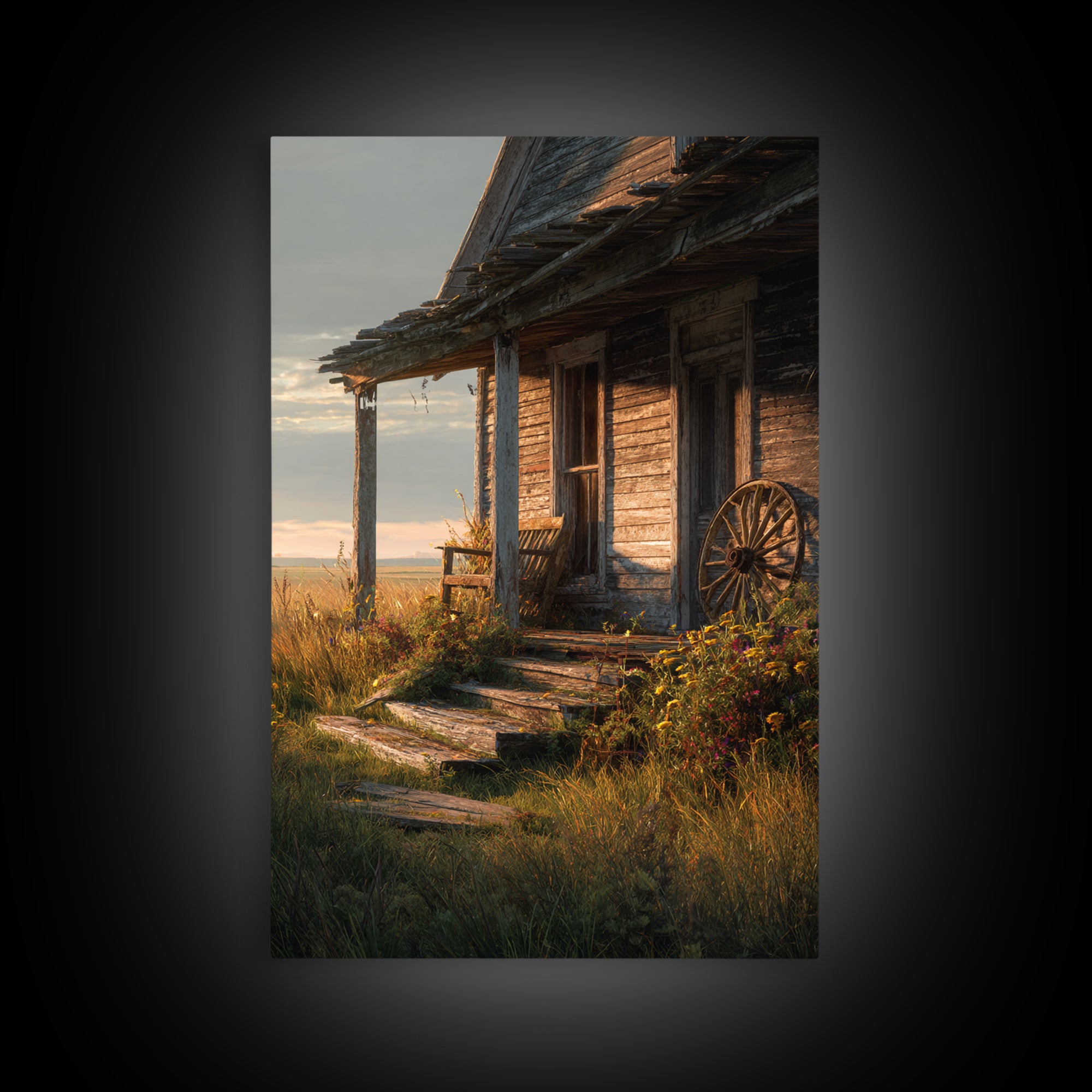 Rustic Old Wooden Cabin Porch With Wagon Wheel Country Landscape Wall Art Canvas Print For Farmhouse Decor