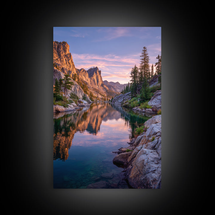 Stunning Mountain Lake Reflection At Sunset With Rocky Peaks And Pine Trees Wall Art Framed Canvas Print For Living Room