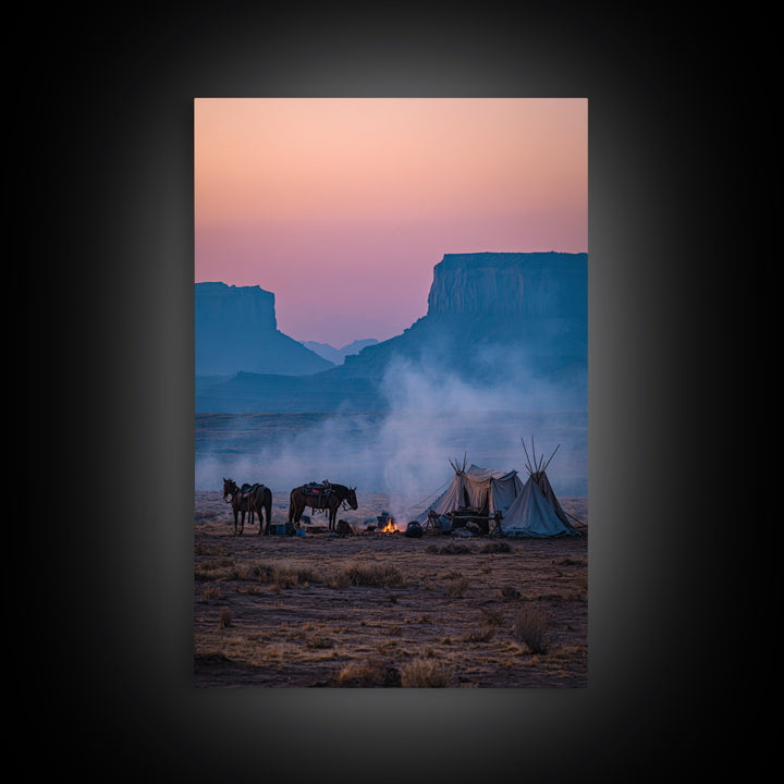 Misty Desert Sunrise With Horses And Teepees Landscape Photography Wall Art Print Large Wall Art