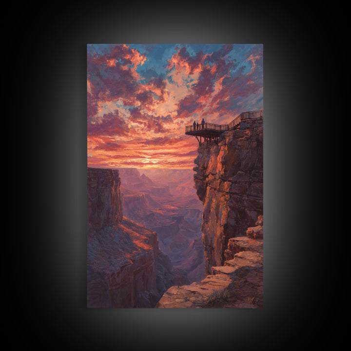 Grand Canyon Sunset With Dramatic Sky And Viewers On Overlook Wall Art Framed Canvas Print For Living Room Home Decor