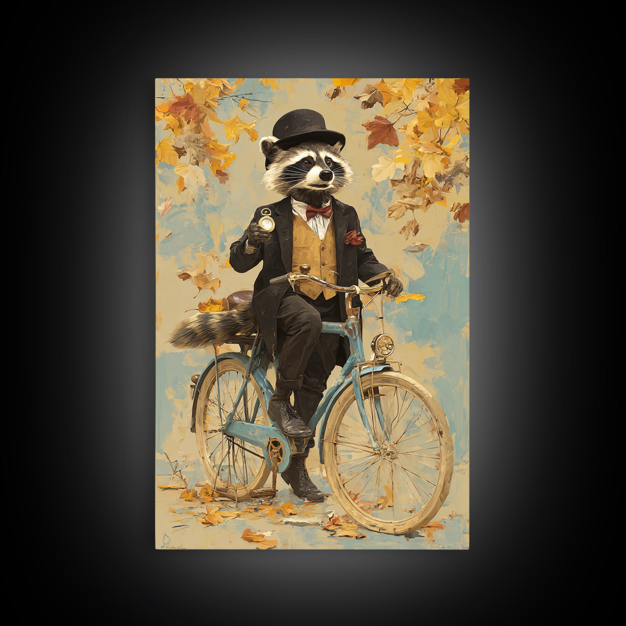 Whimsical Raccoon Riding Bicycle Canvas Print, Dapper Animal Wall Art For Nursery Room Decor And Quirky Animal Lover Gift