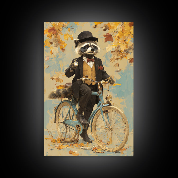 Whimsical Raccoon Riding Bicycle Canvas Print, Dapper Animal Wall Art For Nursery Room Decor And Quirky Animal Lover Gift