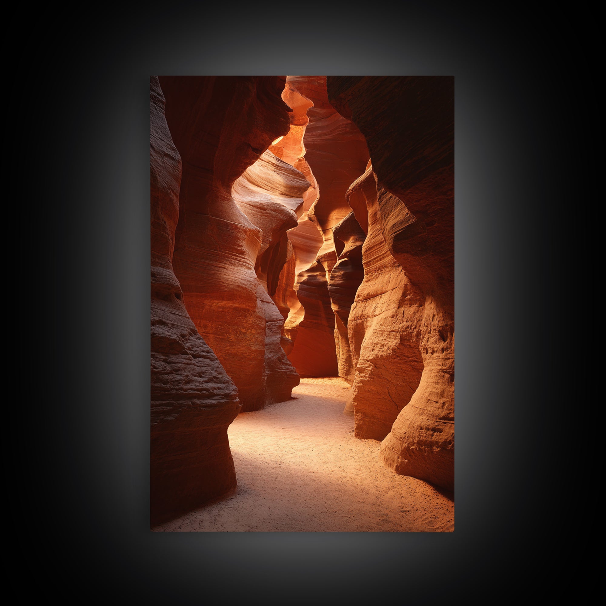 Sunlit Red Rock Canyon Pathway Between Towering Cliffs Framed Canvas Print For Rustic Home And Office Decor