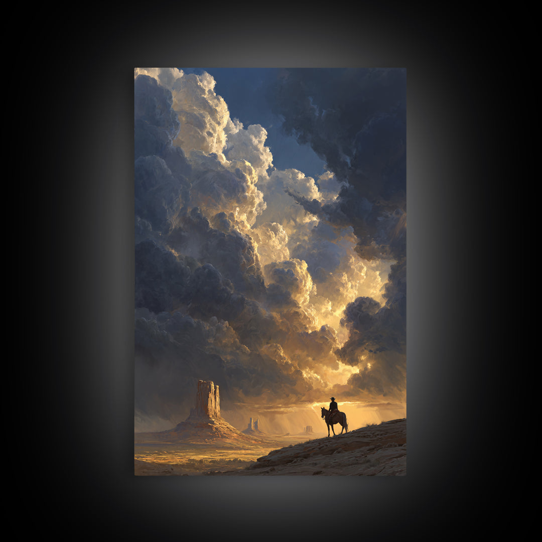 Dramatic Western Landscape With Cowboy On Horse And Monument Valley Scene Wall Art Canvas Print For Rustic Decor