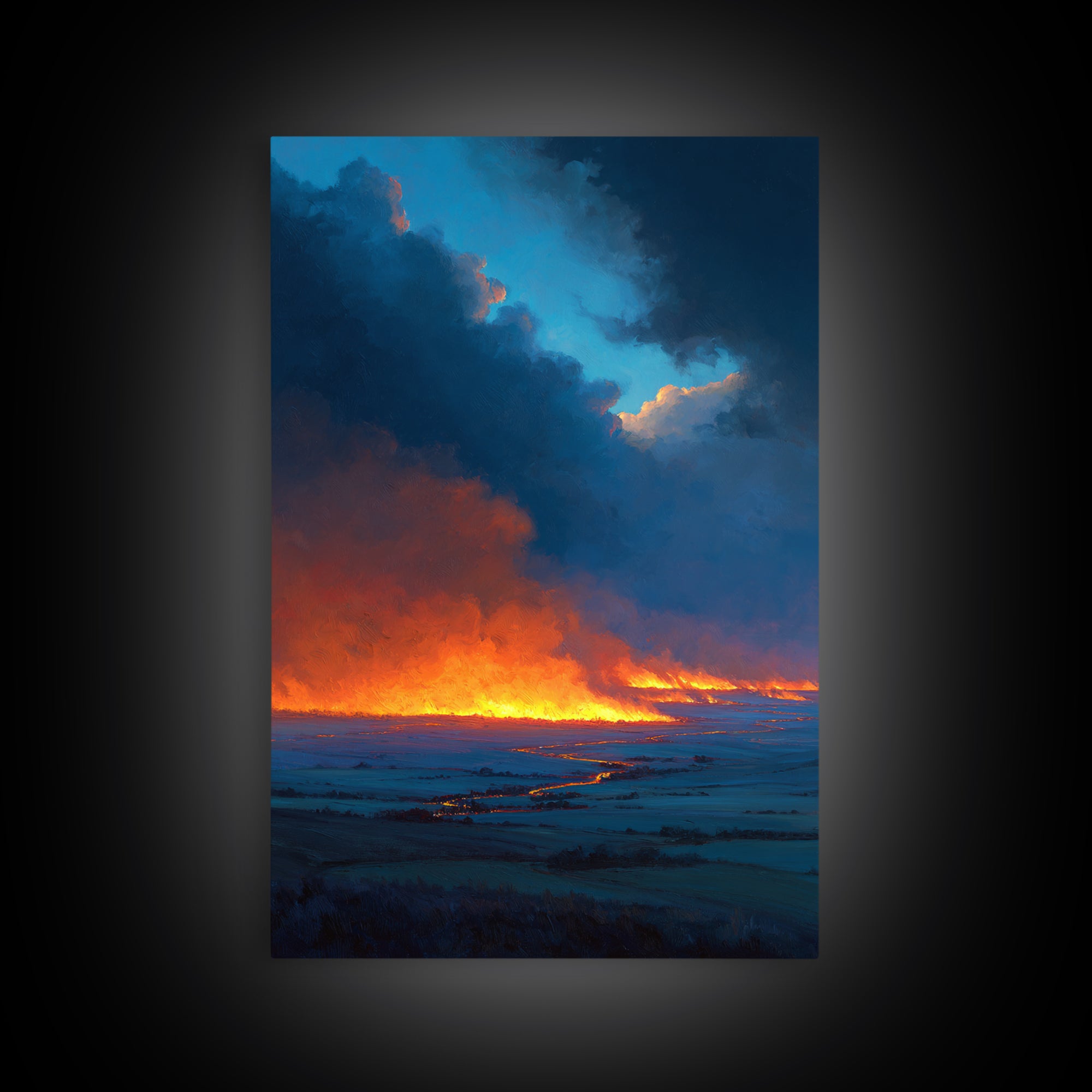 Dramatic Fire And Smoke Landscape Painting Large Wall Art Canvas Print For Rustic Home Decor And Office