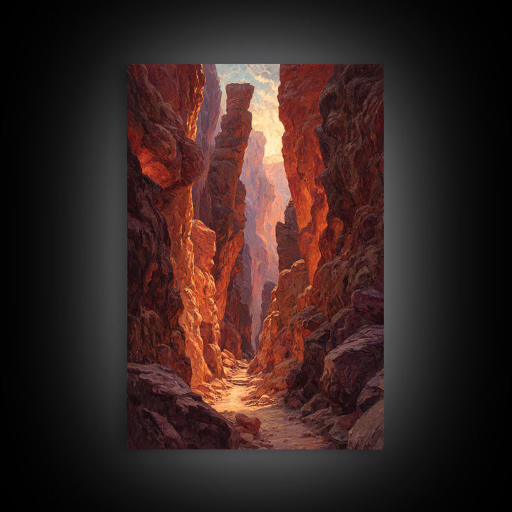 Sunlit Rocky Canyon With Warm Tones Nature Painting Wall Art Canvas Print Large Landscape Home Decor And Original Art