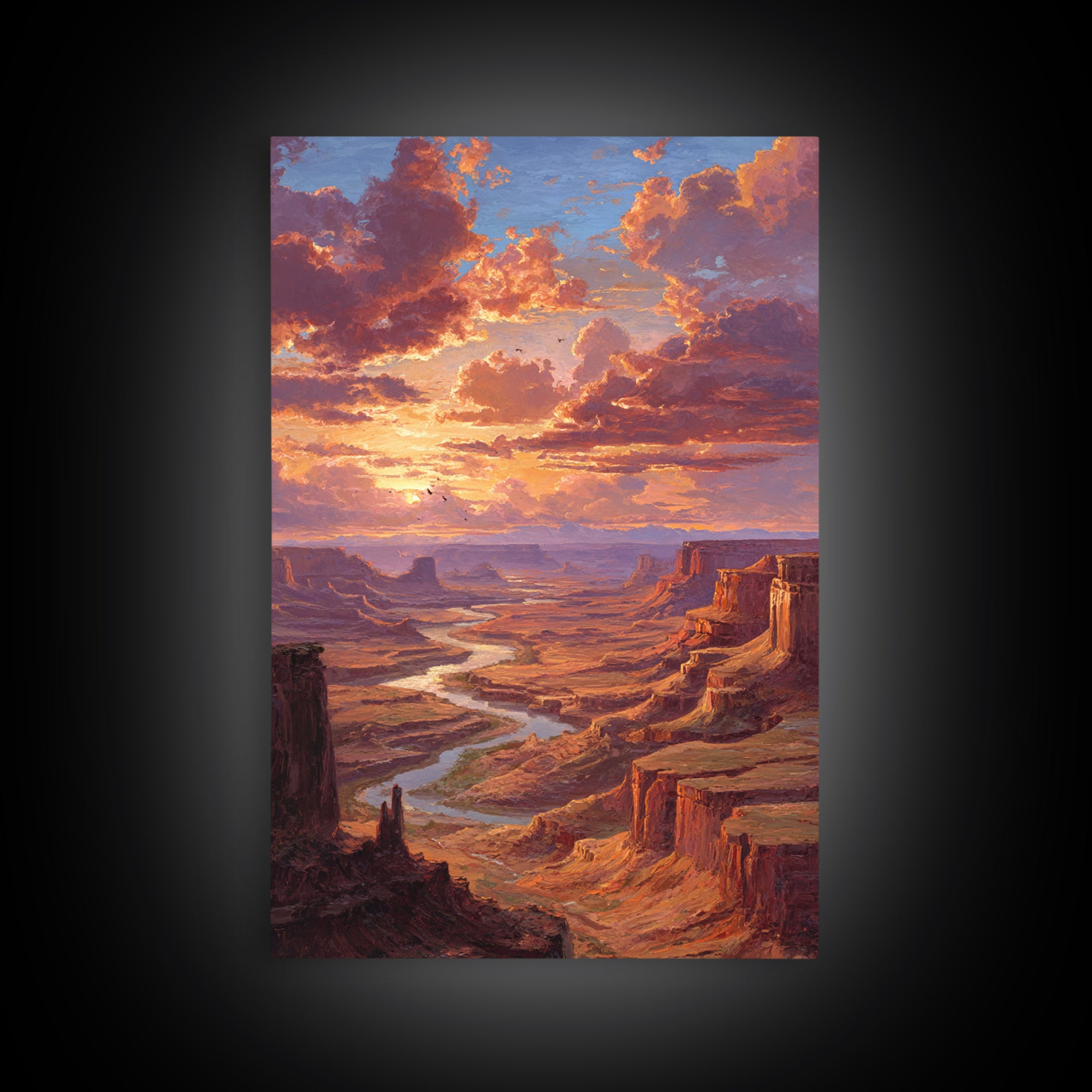 Sunset Over Canyon River Oil Painting Landscape Wall Art Large Framed Canvas Print Rustic Home Decor Gift For Nature Lovers