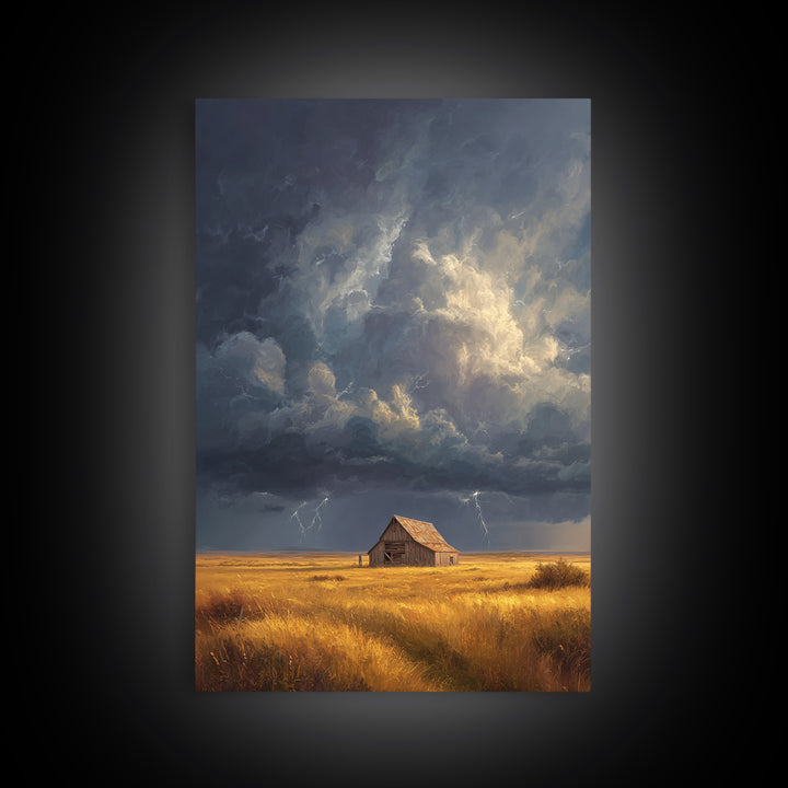 Rustic Barn In Stormy Field Landscape Wall Art With Dramatic Sky Lightning Canvas Print For Living Room Decor