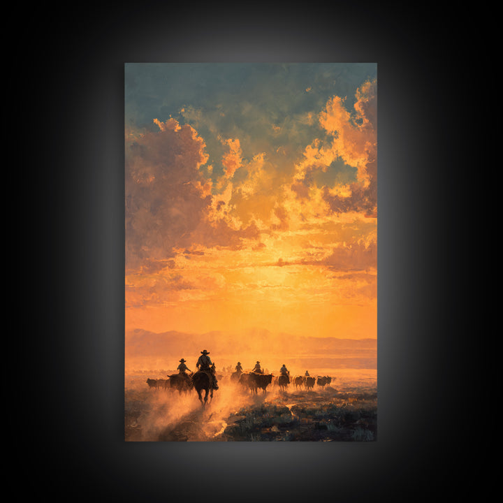 Sunset Cowboy Cattle Drive Ranch Scene Oil Painting Wall Art Framed Canvas Print For Rustic Farmhouse Home Decor