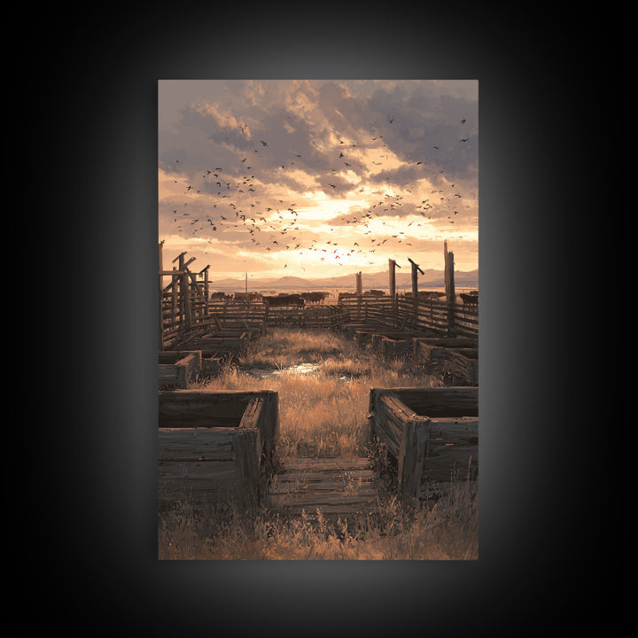 Rustic Landscape Oil Painting Of Cattle Corral At Sunset Wall Art Framed Canvas Print For Farmhouse Decor