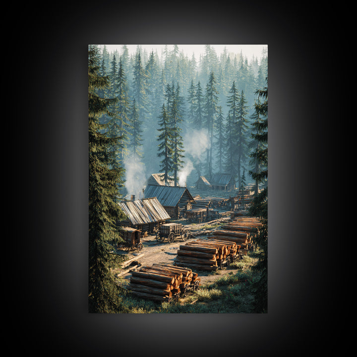 Rustic Log Cabin Village In Misty Forest Painting Wall Art Canvas Print For Cozy Home Decor Living Room Wall Art
