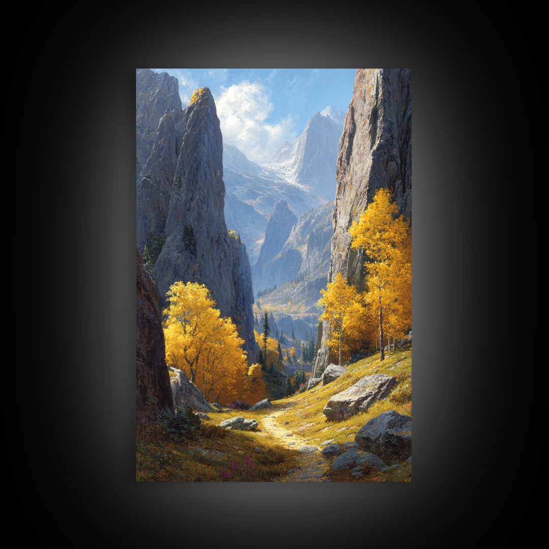 Majestic Mountain Valley Fall Landscape Painting Wall Art Framed Canvas Print For Warm Autumn Home Decor Living Room