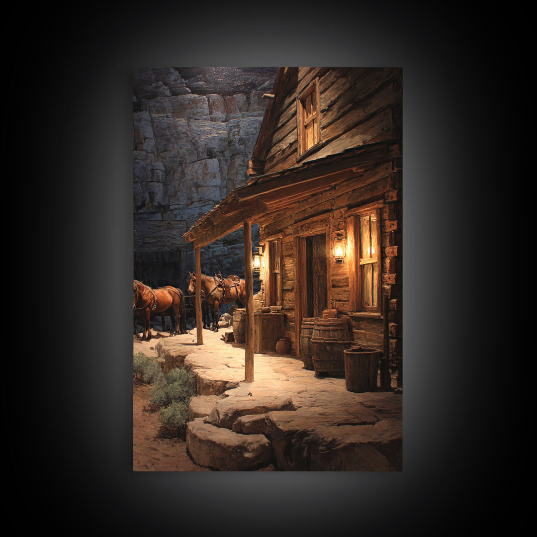 Rustic Western Cabin With Horses At Dusk Warm Oil Painting Wall Art Framed Canvas Print For Cozy Living Room
