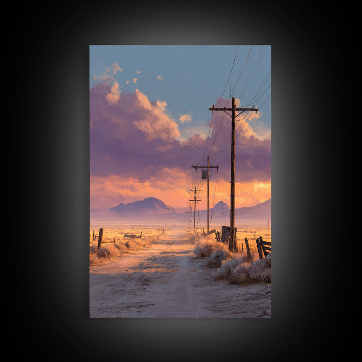 Desert Sunset Road With Power Poles And Mountains Minimalist Landscape Wall Art Framed Canvas Print For Modern Home