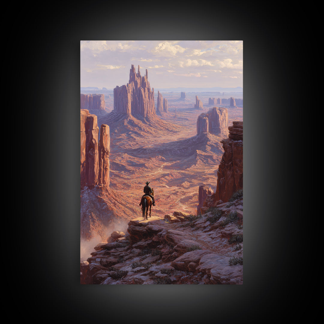 Western Cowboy Silhouette Watching Monument Valley Sunset Wall Art Print For Rustic Home Decor Living Room Framed Canvas Print